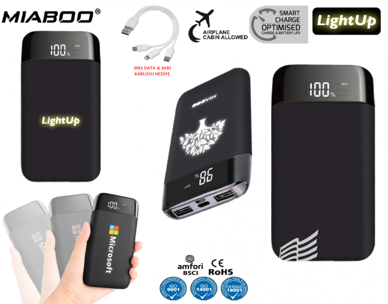 Miaboo Powerbank 8.000 Mah – Işıklı Logolu-Data Kablosu Özellikli Powerbank Toplu Sipariş