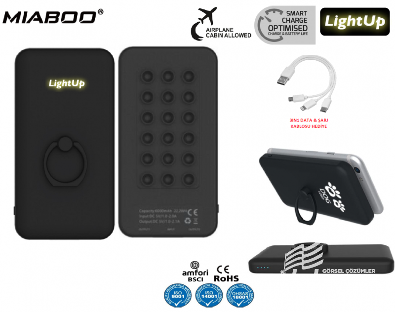 Miaboo Powerbank 6.000 Mah – 3in 1 Charging & Data Cable Gift – Illuminated Logo Printing Powerbank Toplu Sipariş