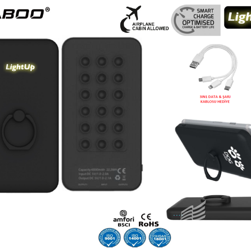 Miaboo Powerbank 6.000 Mah – 3in 1 Charging & Data Cable Gift – Illuminated Logo Printing Powerbank Toplu Sipariş